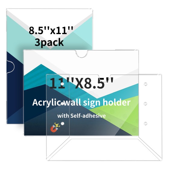 Acrylic Rigid Sign Holder 8.5 x 11 3Pack with Magnet and Self-adhesive, Horizontal and Vertical for Wall/Door/Window/Metal Surface, for Office/Store/Elevator Notices Poster Document Display